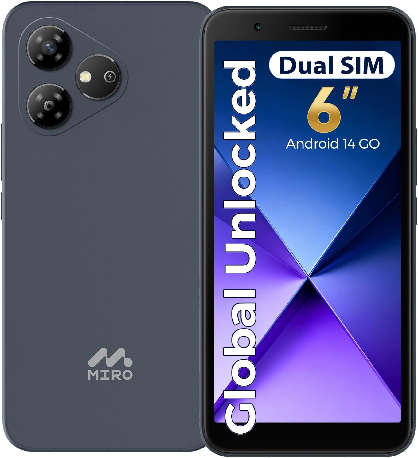 MIRO 4G Cell Phone - New Android 14 Go Edition Smartphone, 6" Display, 2GB+32GB (256GB Expandable), 3000mAh Battery, 5MP+2MP Camera, Dual SIM, 3.5mm Headphone Jack(Blue)